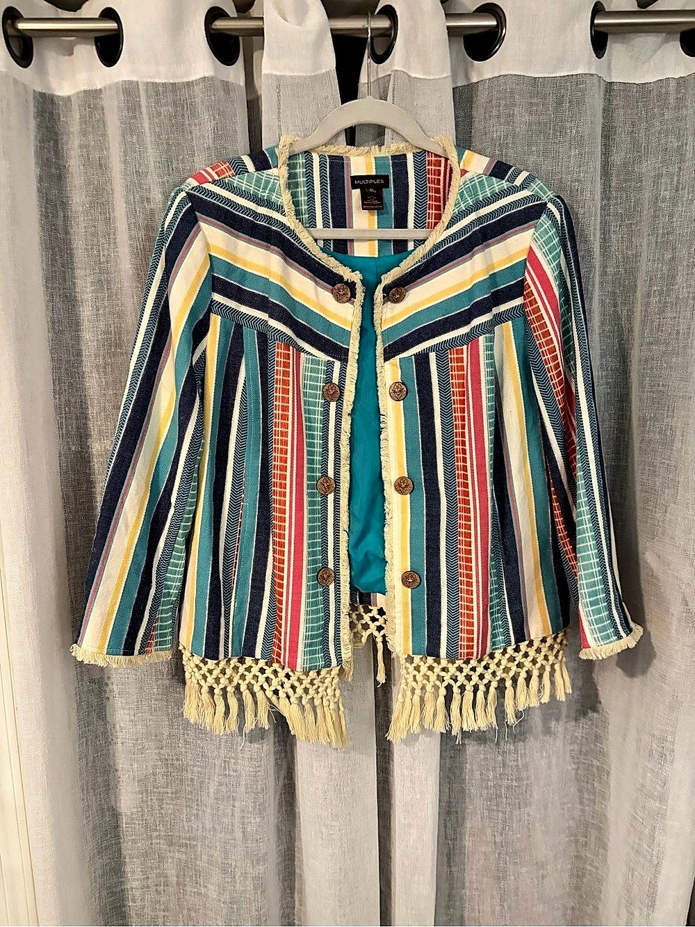 Multiples XL Boho Serape Stripe Cotton Jacket Macrame Fringe Southwestern